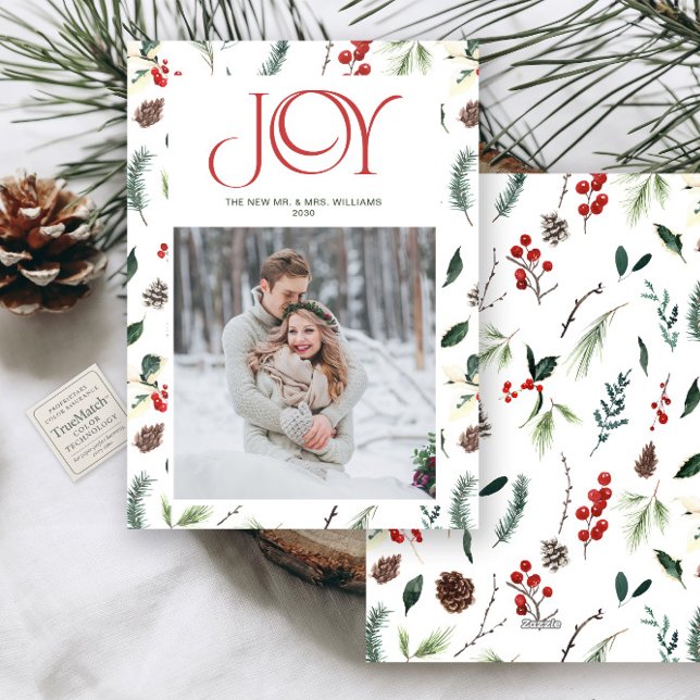 Modern Joy Red Berry Botanical Photo Mr & Mrs Holiday Card (Creator Uploaded)