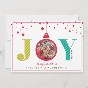 Modern "Joy" Red Ornament Holiday Photo Card