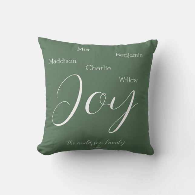 Modern Joy Script Personalized Family Holiday Throw Pillow (Front)