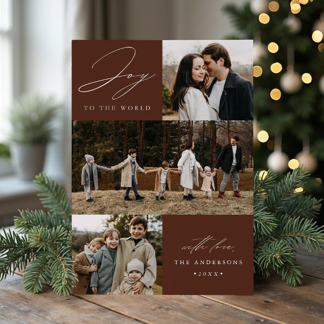 Modern Joy to the World Brown 4 Photo Holiday Card (Creator Uploaded)