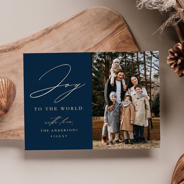Modern Joy to the World Navy Photo Foil Holiday Card (Creator Uploaded)