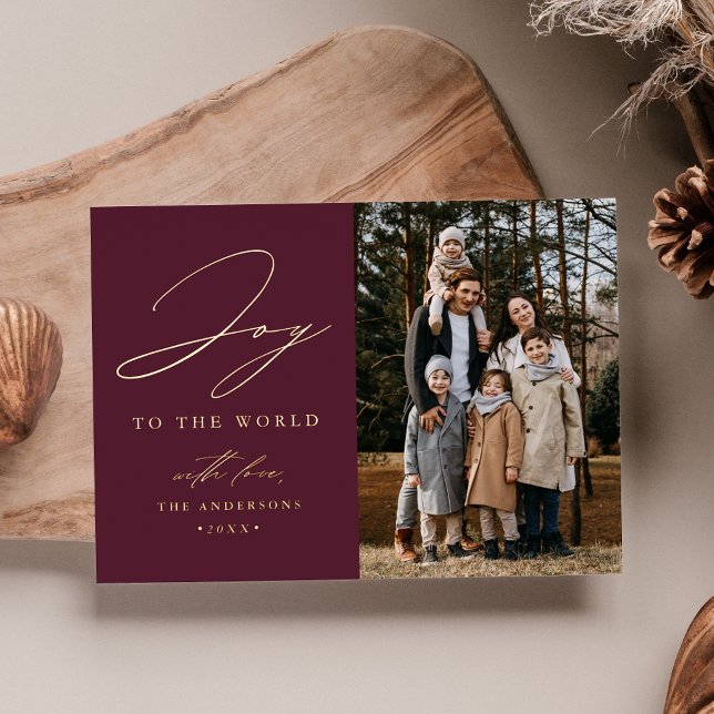 Modern Joy to the World Plum Purple Photo Foil Holiday Card (Creator Uploaded)