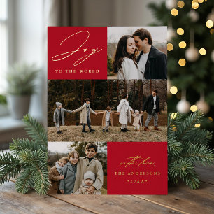Modern Joy to the World Red 4 Photo Foil Holiday Card