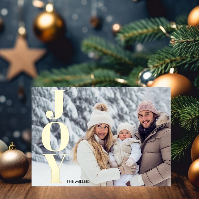 Modern Joy Typography Minimal 1 Photo Tartan Plaid Foil Holiday Postcard (Modern Joy Typography Minimal 1 Photo Tartan Plaid Foil Holiday Postcard)