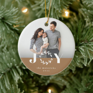 Modern Joy Wreath Photo Holiday Christmas Ceramic Ornament