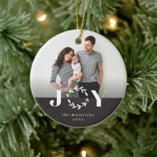 Modern Joy Wreath Photo Holiday Christmas Ceramic Ornament