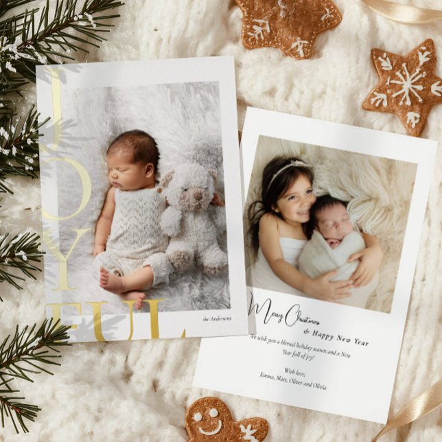 Modern Joyful 2 Photos Christmas Foil Holiday Card (Creator Uploaded)