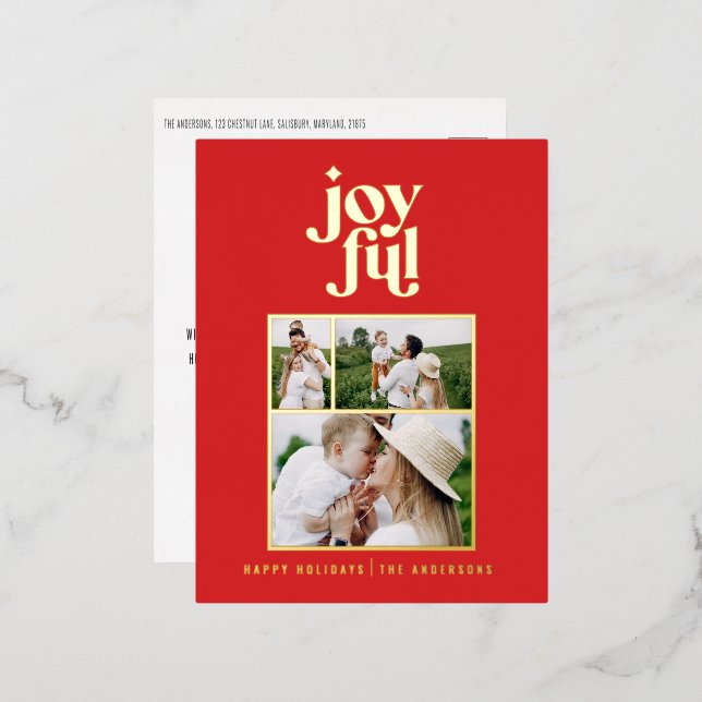 modern joyful 3 photo  foil holiday postcard (Front/Back)
