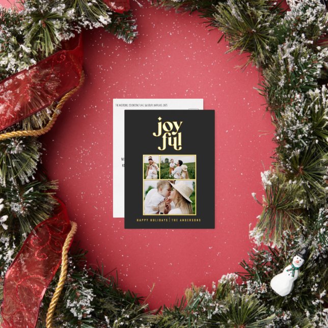 modern joyful 3 photo  foil holiday postcard (Insitu)