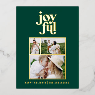 modern joyful 3 photo  foil holiday postcard