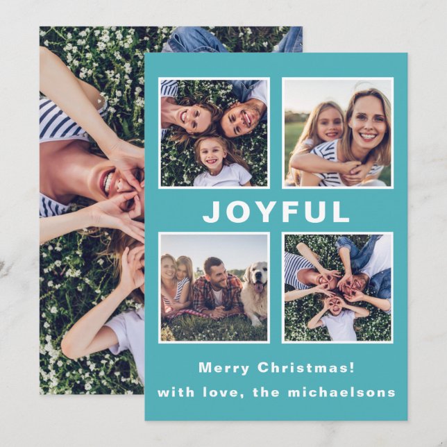 Modern Joyful Christmas Blue Photo Collage Holiday Card (Front/Back)