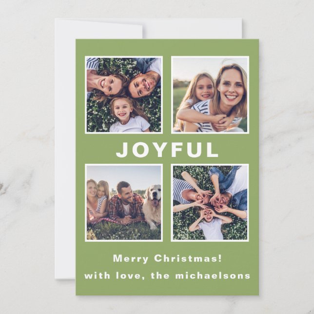 Modern Joyful Christmas Green Photo Collage Holiday Card (Front)