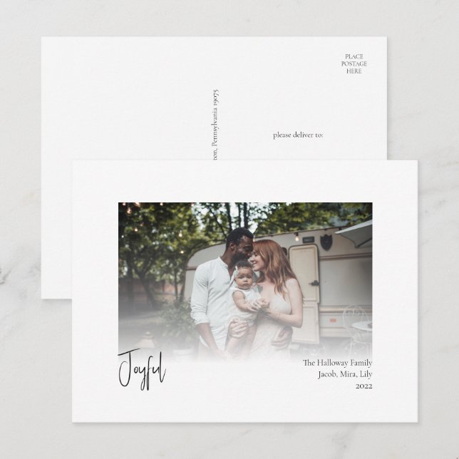 Modern Joyful Christmas Script Faded Photo Holiday Postcard (Front/Back)