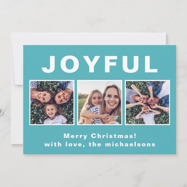 Modern Joyful Christmas Vibrant Blue Photo Collage Holiday Card (Front)