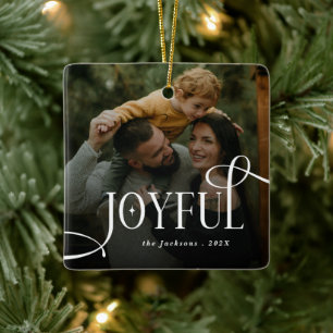 Modern Joyful Family 2 Photo Christmas  Ceramic Ornament