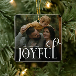 Modern Joyful Family 2 Photo Christmas Ceramic Ornament