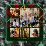 Modern joyful family photo collage Christmas Ceramic Ornament<br><div class="desc">Elegant stylish plaid tartan faux gold joyful script six family photos and name traditional red green tree ornament.</div>
