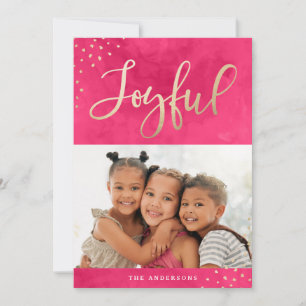 Modern Joyful Gold Pink Watercolor Photo Holiday Card