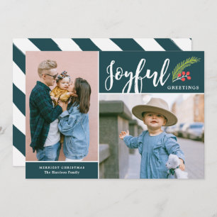 Modern Joyful Greetings Two Photo Teal Holiday Card