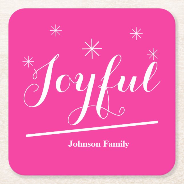 Modern Joyful Personalized Name Cute Chic Pink Square Paper Coaster (Front)