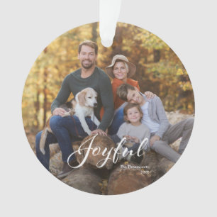 Modern Joyful Script Family Photo Acrylic Ornament
