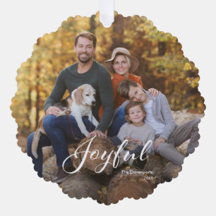 Modern Joyful Script Family Photo Ornament Card