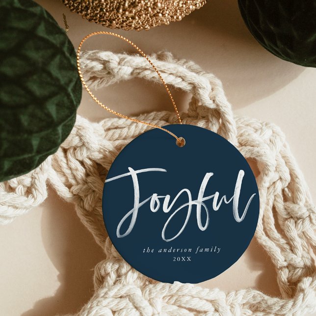 Modern Joyful Script Navy Photo Ceramic Ornament (Creator Uploaded)