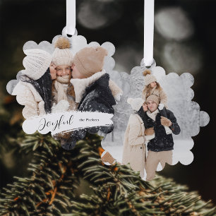Modern Joyful Script with Snowy Brushstroke Photo Ornament Card