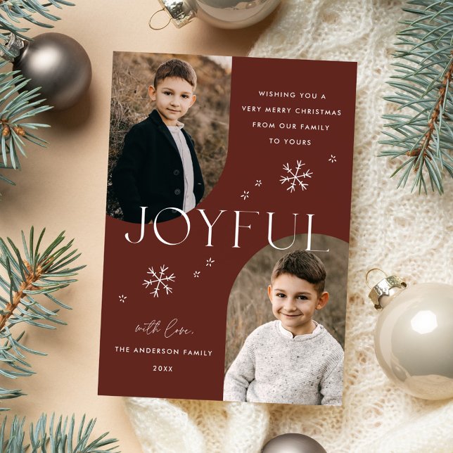 Modern Joyful Snowflake Brown Arch Frame 2 Photo Holiday Card (Creator Uploaded)