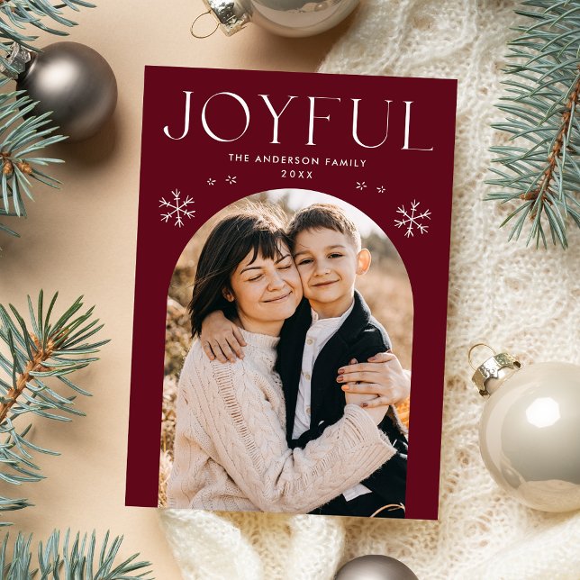 Modern Joyful Snowflake Cranberry Arch Photo Holiday Card (Creator Uploaded)