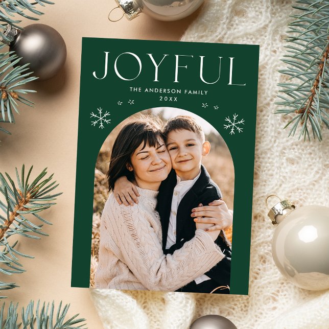 Modern Joyful Snowflake Green Arch Photo Holiday Card (Creator Uploaded)