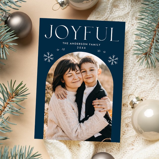 Modern Joyful Snowflake Navy Arch Photo Holiday Card (Creator Uploaded)