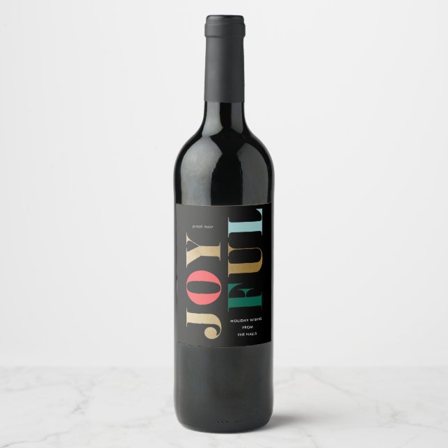 Modern Joyful Type Christmas Holiday Wine Label (Front)