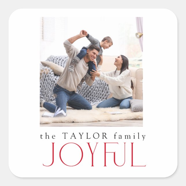 Modern Joyful Typography Family Photo Christmas  Square Sticker (Front)