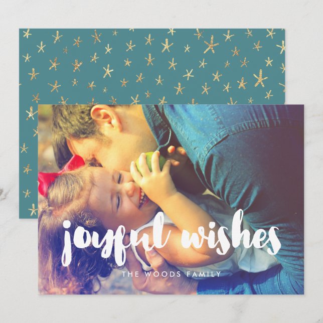 Modern Joyful Wishes Inspirational Photo Holiday Card (Front/Back)