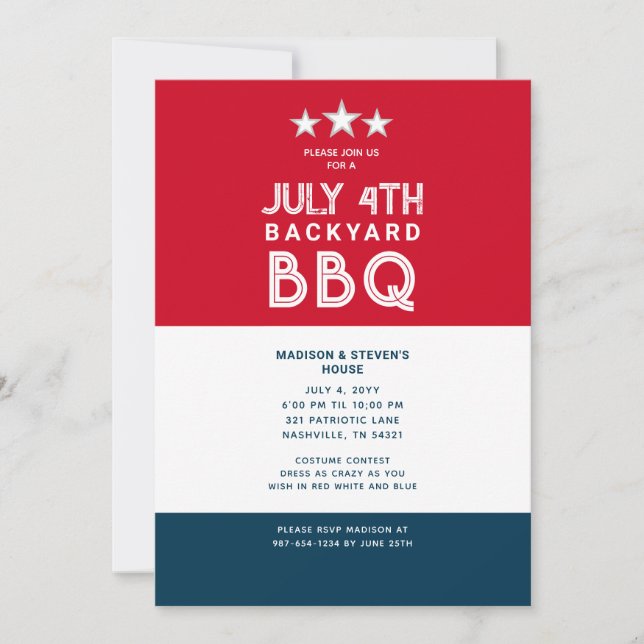 Modern July 4th Backyard BBQ Party Red White Blue Invitation (Front)