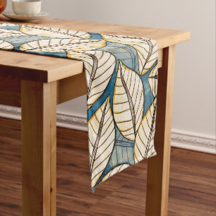Modern Jungle Big Tropical Leaf Blue and Beige Medium Table Runner