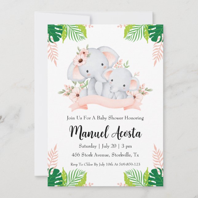 modern jungle elephant baby shower invitations (Front)