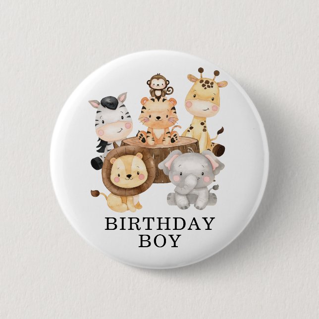 Modern Jungle Safari Animals Wild One Birthday Boy 2 Inch Round Button (Front)