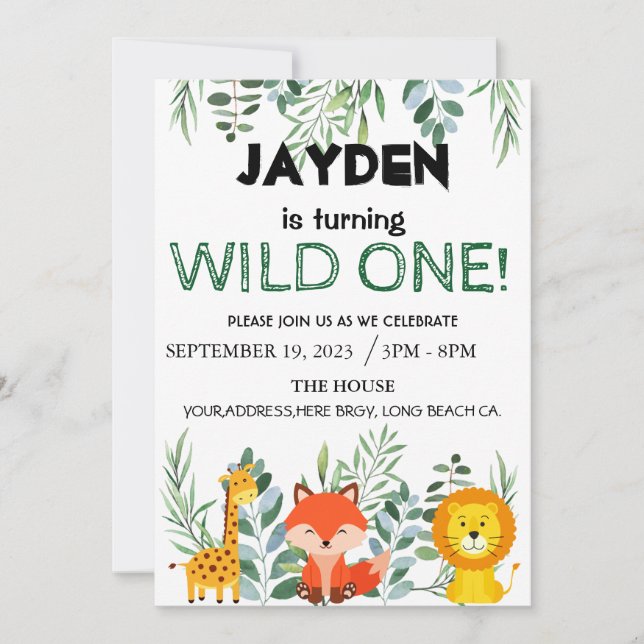 Modern Jungle Safari Editable Birthday  Invitation (Front)