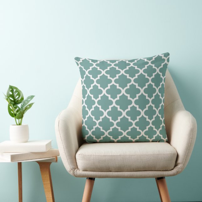 Modern Juniper Green and White Quatrefoil Pattern Throw Pillow (Chair)