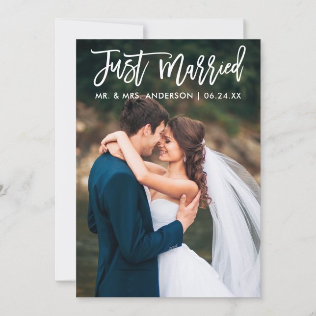 Modern Just Married Brush Script Wedding Photo Announcement (Front)
