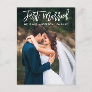 Modern Just Married Brush Script Wedding Photo Postcard
