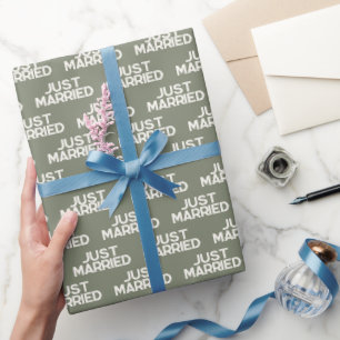 Modern Just Married Sage Green Wrapping Paper