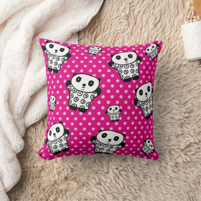 Modern Kawaii Panda Bear Pink Girly Polka Dot Throw Pillow (Blanket)