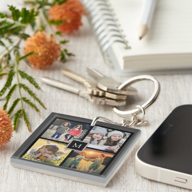 Modern keepsake family photo collage monogram keychain (Front Right)