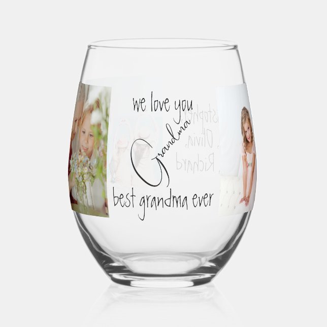 Modern Keepsake Photo Collage Best Grandma Ever Stemless Wine Glass (Left)