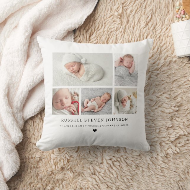 Modern Keepsake Photo Collage Newborn Stats Throw Pillow (Blanket)
