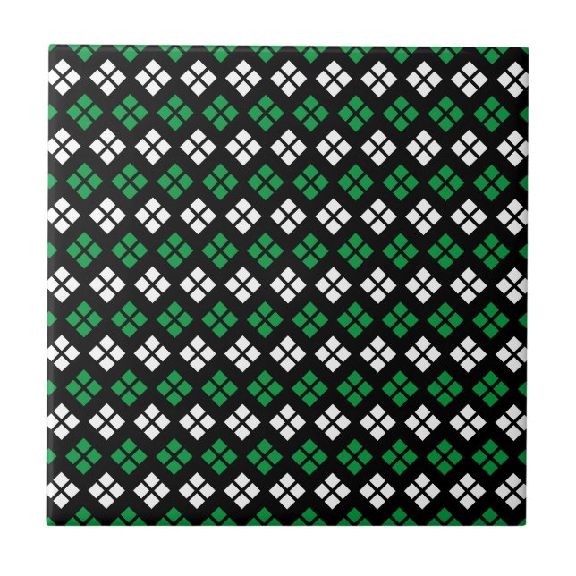 Modern Kelly Green & White Argyle Pattern on Black Tile (Front)