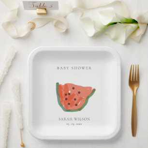 Modern Kid Hand Drawn Watermelon Fruit Baby Shower Paper Plate